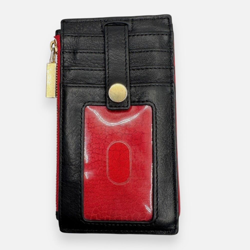 Hammitt 210 West Black Pebble Leather Wallet Brushed Gold Red Zip ID Card Case